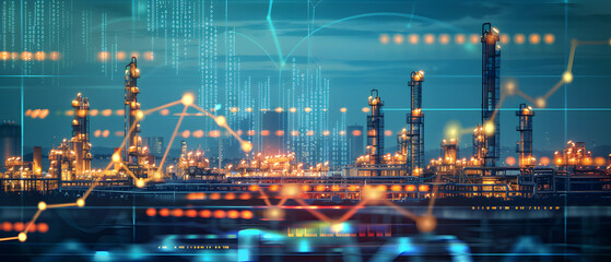 Double exposure of oil refinery plant and stock market graph. Concept of oil and gas industry.