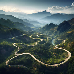 An aerial view of winding mountain roads.