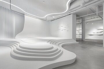 Obraz premium A sculptural white podium in an all white gallery space with ambient lighting designed to emphasize the textures of artisanal craftwork