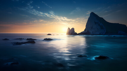 Ocean landscape with tropical paradise island on the horizon
