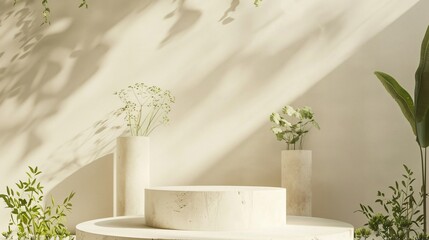 A single white podium in a high key lighting setup creating a serene and uncluttered space for introducing organic beauty products