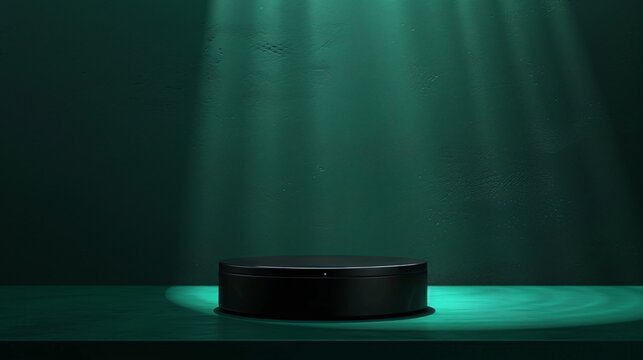 A sleek black podium set against a deep emerald green background illuminated by a focused spotlight creating a luxurious and mysterious ambiance for an exclusive product presentation