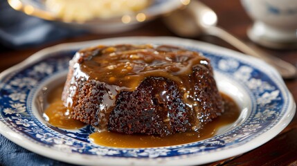 Fototapeta na wymiar A traditional English sticky toffee pudding a variant of the toffee cake with dates and served with a side of warm custard on a classic porcelain plate