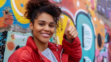 A vibrant close up of a young woman with a bright smile giving a thumbs up set against a lively...