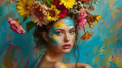 Vibrant portrait of a woman adorned with floral arrangements, artistic make-up and expressive gaze, perfect for decorative uses. AI