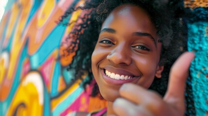 A vibrant close up of a young woman with a bright smile giving a thumbs up set against a lively...
