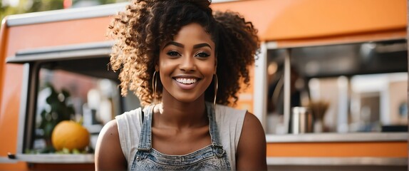 Fototapeta premium Small business owner young black african woman at front of food truck smiling looking at camera from Generative AI