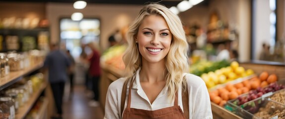 Obraz premium Small business owner young blonde woman at whole bulk food store smiling looking at camera from Generative AI