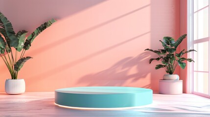 A vibrant turquoise podium on a coral pink background with dynamic playful lighting ideal for introducing innovative lifestyle products