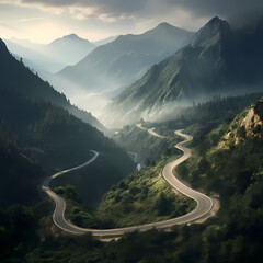 Cinematic shot of a winding mountain road. 