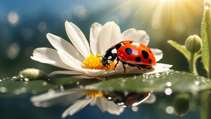 Naklejka premium A ladybug perched on a white flower seems to be admiring its own reflection in the dewdrop on the petal and the sun casts a warm glow on the scene a magical atmosphere in the meadow