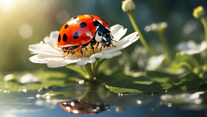 A ladybug perched on a white flower seems to be admiring its own reflection in the dewdrop on the petal and the sun casts a warm glow on the scene a magical atmosphere in the meadow