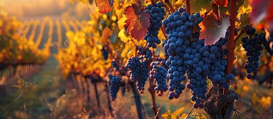 A cluster of Alibernet grapes, known for their deep blue color, hangs from a vine in an autumn vineyard in Southern Moravia, Czech Republic.
