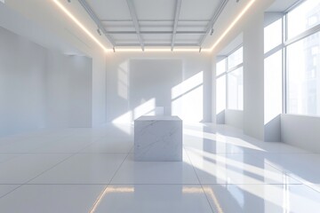 A white cube podium in a bright white environment with LED strips highlighting the edges creating an avant garde setting for a piece of contemporary art