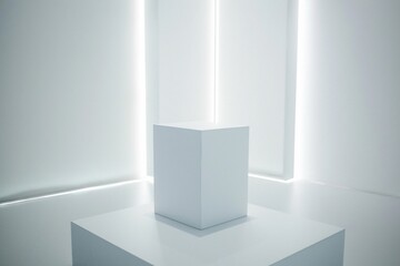 A white cube podium in a bright white environment with LED strips highlighting the edges creating an avant garde setting for a piece of contemporary art