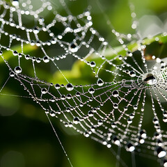 Close-up of a dew-covered spider web. 