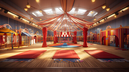 A gym layout for a circus-themed fitness center, with acrobat training areas and circus tent-style decor.