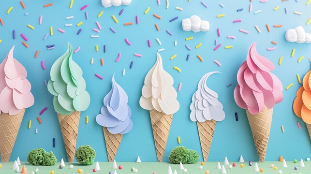 An imaginative papercut depiction of an ice cream forest where towering cones serve as trees and sprinkles fall like rain under a marshmallow sky
