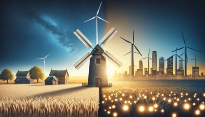 Whirling Dreams: A Windmills Dance in a Golden Wheat Field. Generative AI - obrazy, fototapety, plakaty