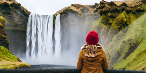 Woman overlooking waterfall at skogafoss, Iceland - obrazy, fototapety, plakaty