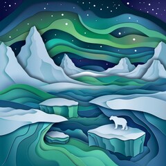 Arctic sea in papercut style featuring icebergs and polar bears on floating ice under the magical glow of the Northern Lights
