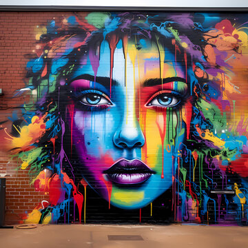 Colorful graffiti art on an urban brick wall. 