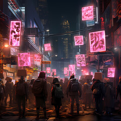 Cyberpunk street protest with holographic signs. 