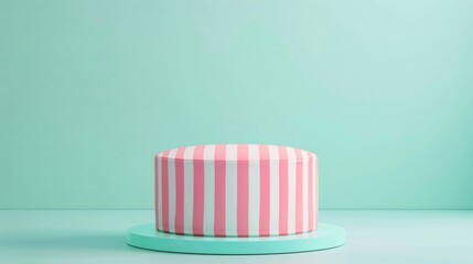 Whimsical round podium in candy stripe against a mint green background bringing a fun and playful vibe to the scene