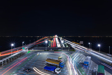A night traffic jam on the highway at Tokyo bay area wide shot