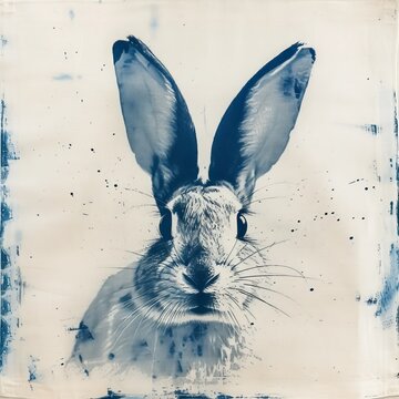 Portrait of cute rabbit, stylised watercolour hand drawn illustration. Retro, vintage theme .