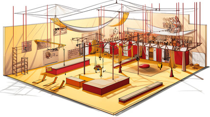 A gym layout for a circus training center, with trapeze, juggling, and circus skills training equipment.