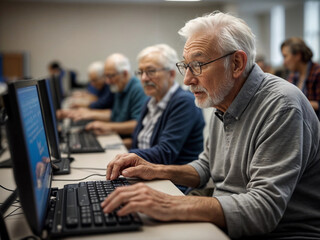 senior person with expressive look learning laptop or computer lesson in seniors class or training with other elderly people in background - obrazy, fototapety, plakaty