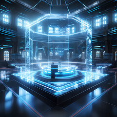 Futuristic courtroom with holographic evidence.