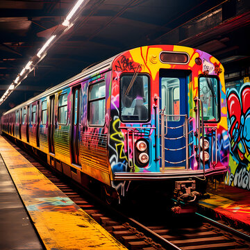 Graffiti-covered subway train in motion.