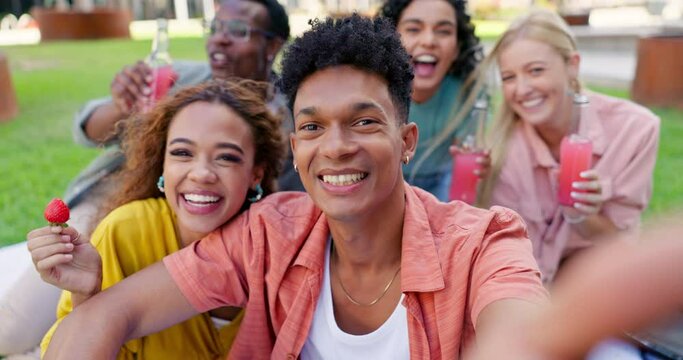 University student, friends and selfie at picnic in park with smile on face for fruit, drink and relax at campus. Men, women and gen z group on grass lawn for memory, photography and social network