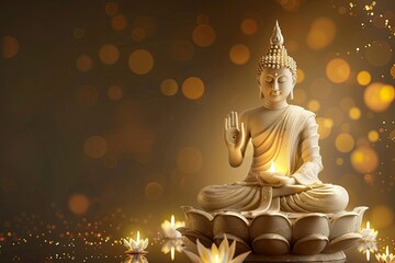 Vesak Day banner design background with Buddha statues and lotus flowers - generative ai