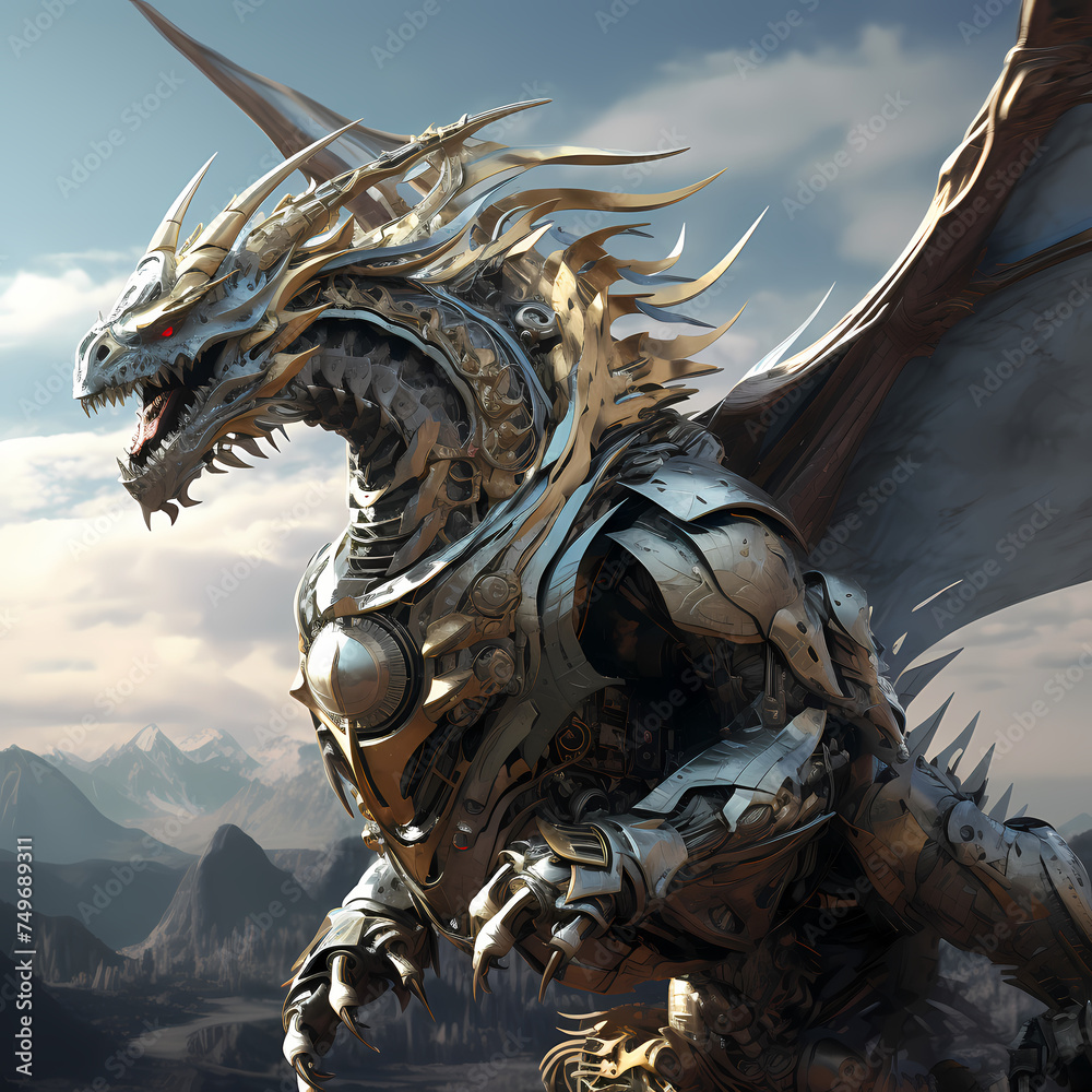 Poster Mechanical dragon in a futuristic dragon race.