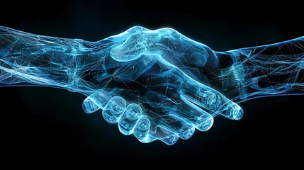 Fotobehang two wire-frame glowing hands, trust concept, handshake, technology, business © growth.ai