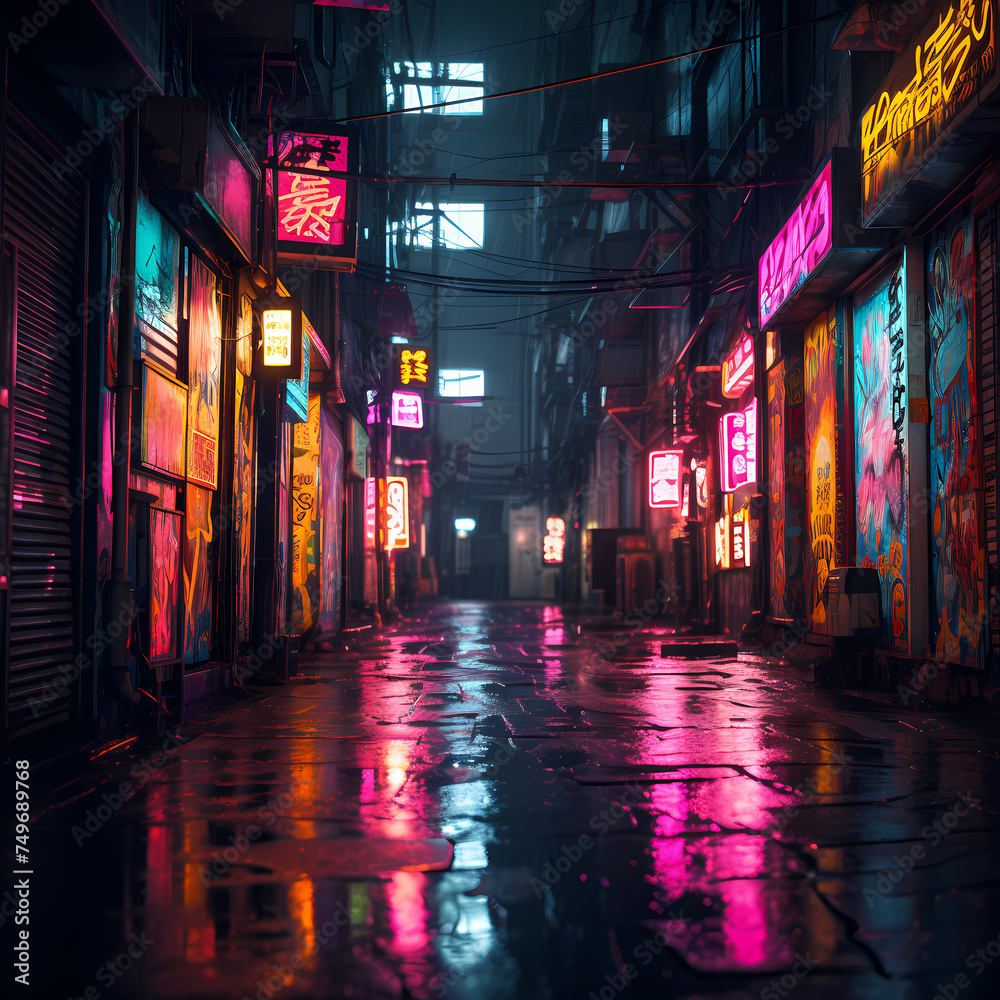 Canvas Prints Neon signs in a rainy urban alley. 