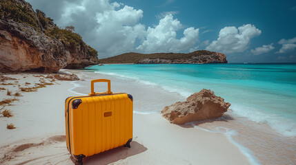 Yellow luggage suitcase on the beautiful beach with white sand. Vacation on beautiful white beach. 3d render. Vacation concept. Luggage concept. Travel concept. Creative concept. Tourism concept. - obrazy, fototapety, plakaty