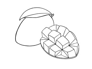 丸ごとと花咲カット（さいの目状切り）されたマンゴーの線画イラスト