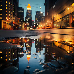 Reflection of city lights in a rain puddle.