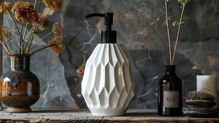 vintage soap dispenser in white, in the style of multifaceted geometry, blink-and-you-miss-it detail, glossy finish