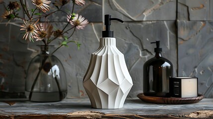 vintage soap dispenser in white, in the style of multifaceted geometry, blink-and-you-miss-it detail, glossy finish