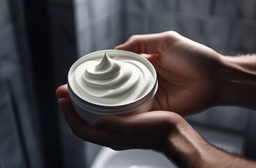 Male hands holding jar of moisturizer cream on dark background - 749690943