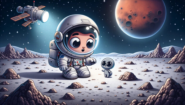 Fototapeta A cartoon astronaut on the moon surface, discovering a tiny and cute grey extraterrestrial alien being wallpaper background