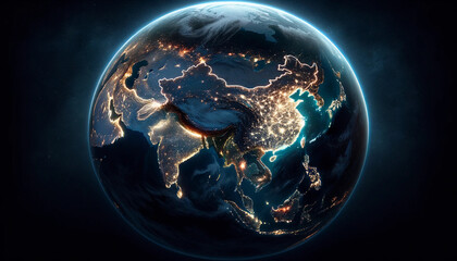A full view of the Earth from space at night, with the entire globe clearly visible and China prominently highlighted wallpaper background
