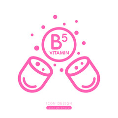 Vitamin B5 icon pink floating out of capsule Isolated on a white background. Form simple line. Design for use on web app mobile and print media. Vector.