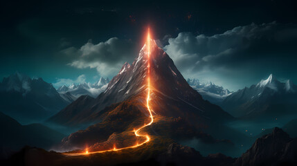 Illustration of magnificent mountain peaks illuminated by brilliant light