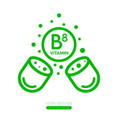 Vitamin B8 icon green floating out of capsule Isolated on a white background. Form simple line. Design for use on web app mobile and print media. Vector.